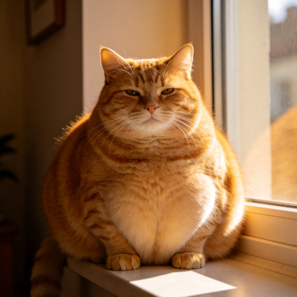 A very round, orange tabby cat sitting contentedly on a windowsill, its belly visibly full and round. Sunlight streams in, highlighting its fluffy fur. The focus is entirely on the cat's plump body shape. No text.