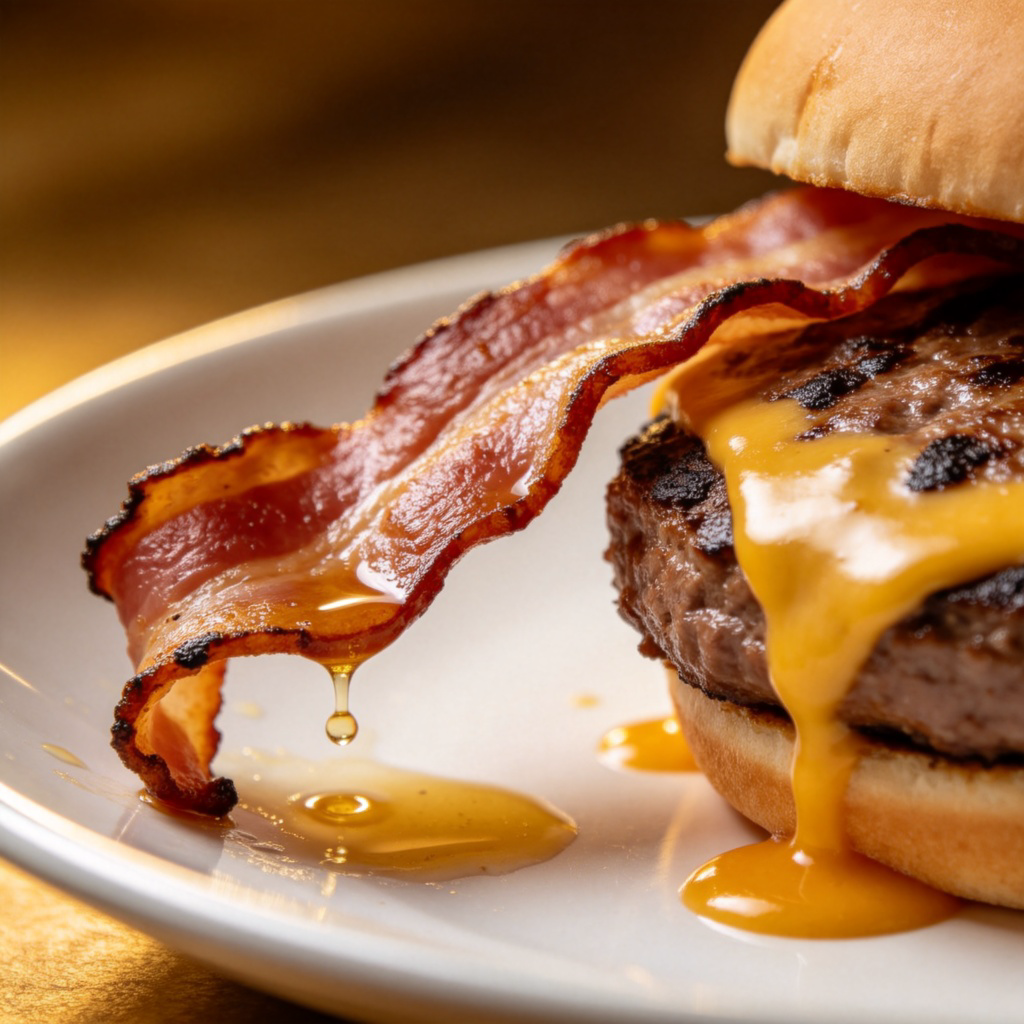 A close-up of a sizzling piece of crispy bacon and a juicy beef burger with visible melted cheese on a plate. The food looks oily and indulgent. Shallow depth of field, warm lighting. No text.