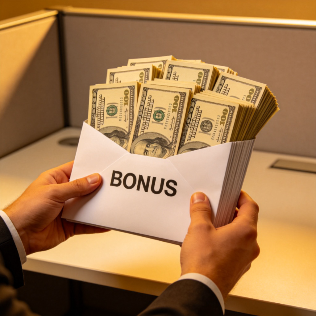 A person's hands holding a thick white envelope overflowing with cash bills. The envelope is labeled "BONUS". The background is a simple office desk. The emphasis is on the thickness and abundance of the money. No text.