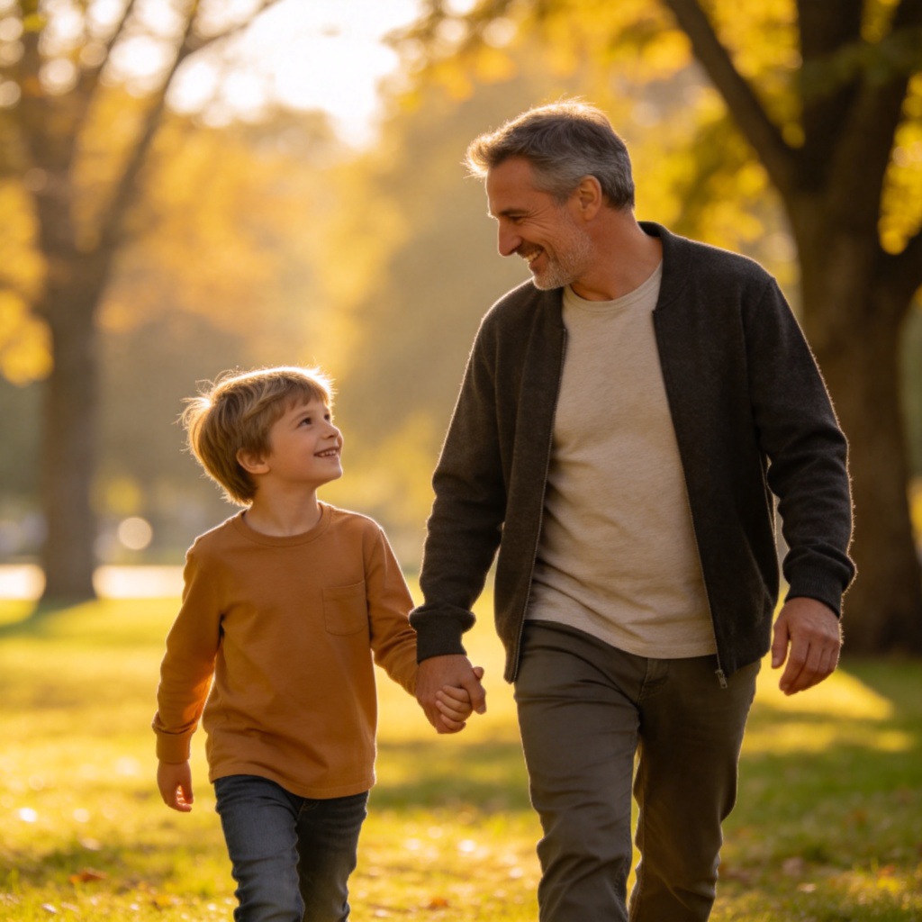 A warm, candid photo of a smiling middle-aged man holding hands with a young child (approximately 5-7 years old) in a sunny park. They are walking together, looking at each other. The father is dressed casually. The background is softly blurred trees and grass. Natural daylight, focus on their connection and expressions.