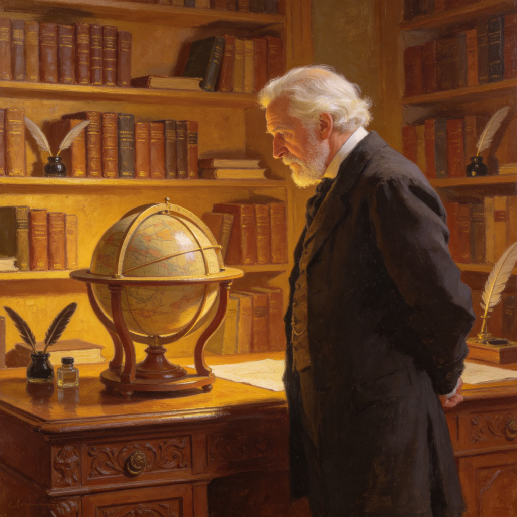 A historical-style portrait of a distinguished, older man with white hair (like a scientist or philosopher), standing in a library or study. He is looking thoughtfully at a globe or an early scientific instrument on a wooden desk. Warm, classic oil painting lighting. The scene evokes wisdom and creation.