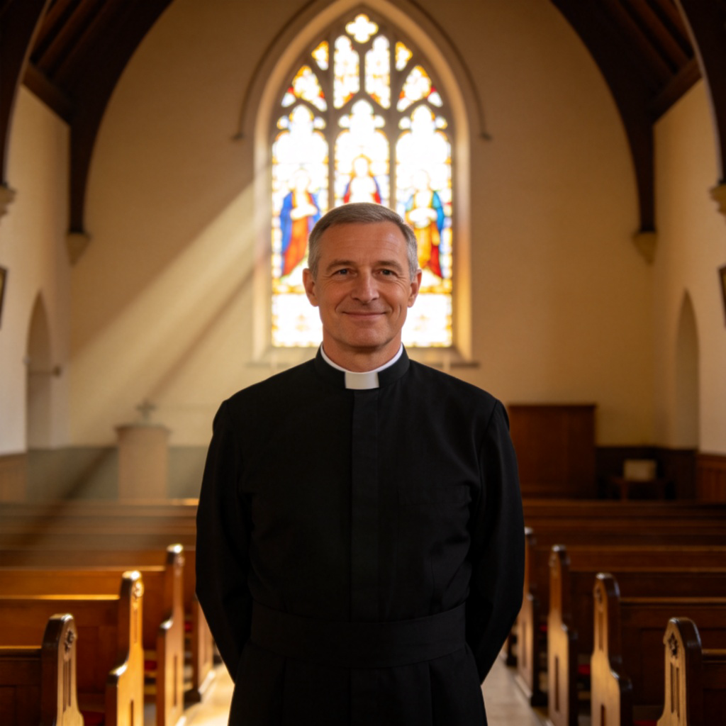 A priest in traditional black clerical clothing with a white collar, standing calmly at the front of a simple, quiet church. Soft light streams through a stained glass window, illuminating the space. He has a kind expression. The focus is on his role and attire in a peaceful religious setting.