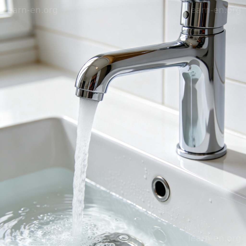 Stainless steel faucet over kitchen sink with flowing water