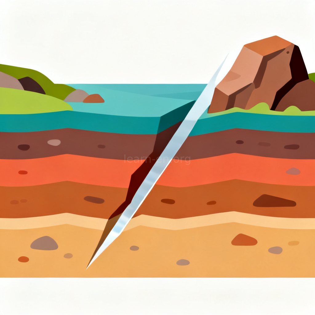 Geological fault diagram showing Earth's crust layers and a fracture line.