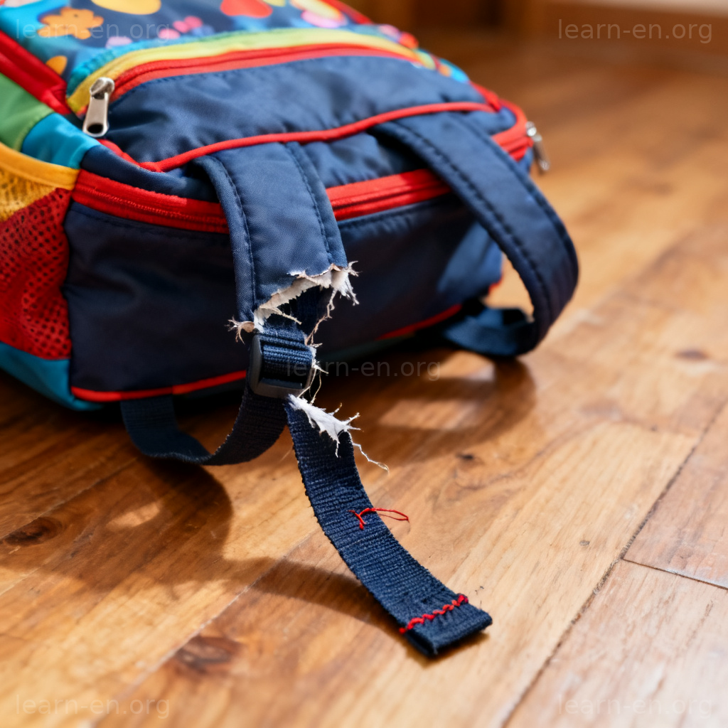 Faulty backpack with torn strap showing defect