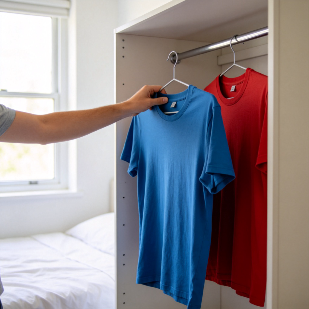 A person standing in front of a closet with two T-shirts, one blue and one red. Their hand is clearly reaching for and picking up the blue T-shirt, showing a clear preference. Soft daylight from a window, clean and simple bedroom background. No text.