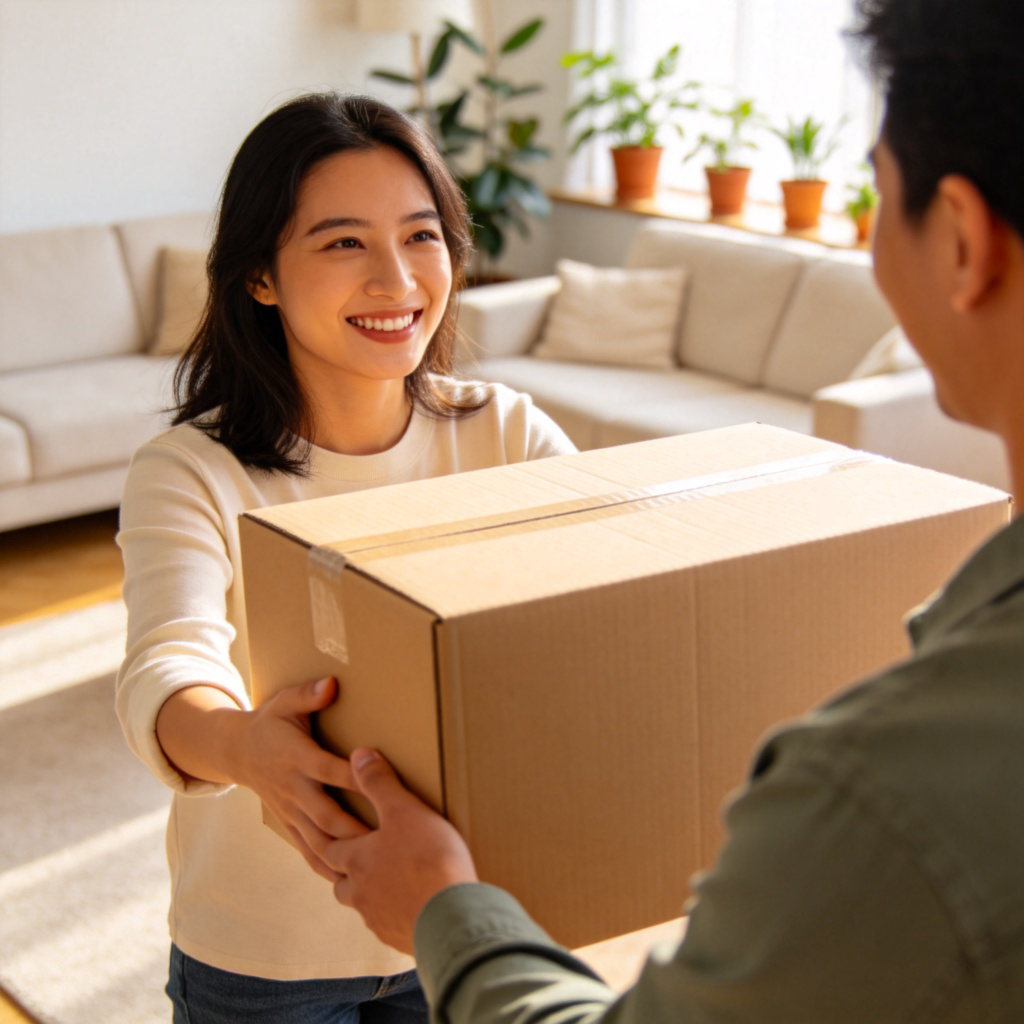 One person is smiling and handing a heavy box to another person who is reaching out to take it, showing an act of helpfulness. They are in a bright, friendly-looking living room. The focus is on their interaction and the box being transferred. No text.