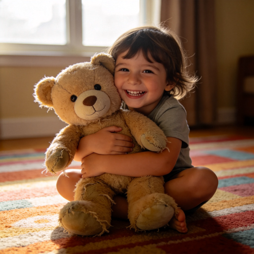 A child hugging a soft teddy bear tightly with a big, happy smile on their face. The child is sitting on a plain-colored carpet, and the teddy bear looks well-loved and worn. Warm, soft lighting from a window. No other toys in focus, the image conveys a sense of pure affection for one special object.