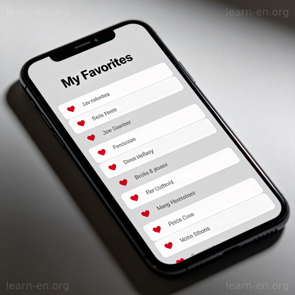 Smartphone affichant une liste de lecture intitulée Mes Favoris avec des icônes de cœur à côté des noms de chansons.