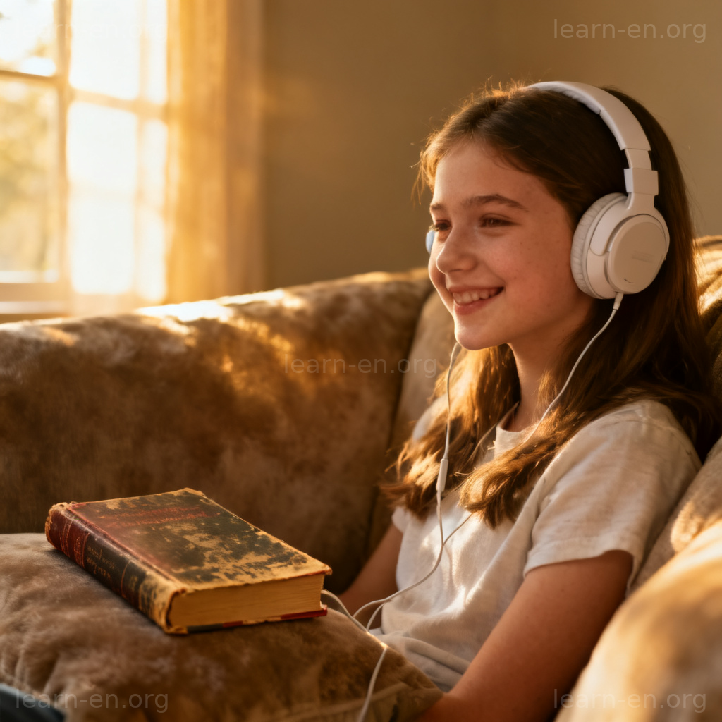 Teenager listening to music with favourite book on sofa