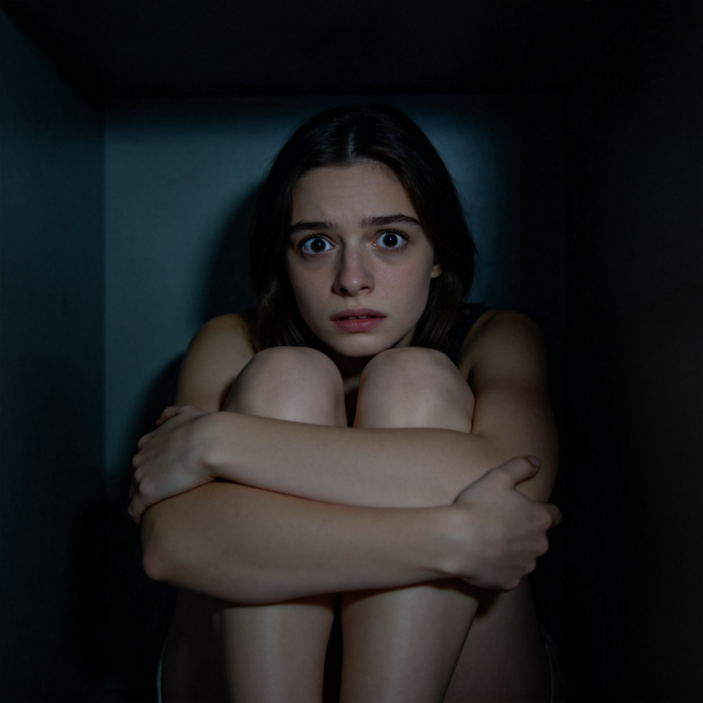 A person sitting alone in a dark corner, hugging their knees tightly, with a wide-eyed and worried expression on their face. The background is dimly lit and slightly blurred, focusing entirely on the person's fearful posture and face. Realistic style, no text.