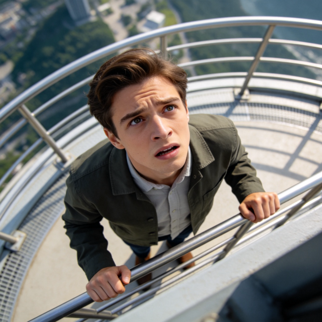 A person looking up with a worried face while standing at the edge of a high, safe viewing platform (or looking at a harmless spider). The focus is on their apprehensive expression and body language showing they are scared of something. Clear daylight, realistic style, no text.