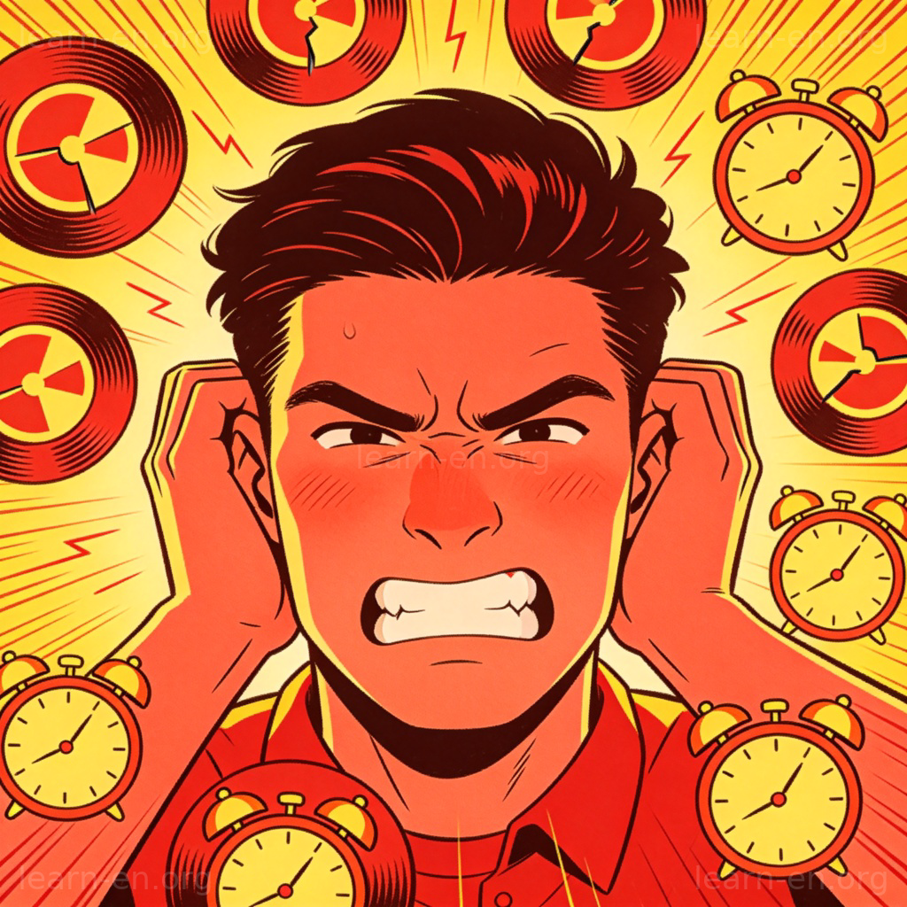 Fed up 情绪图解：烦躁捂耳的人被重复符号包围