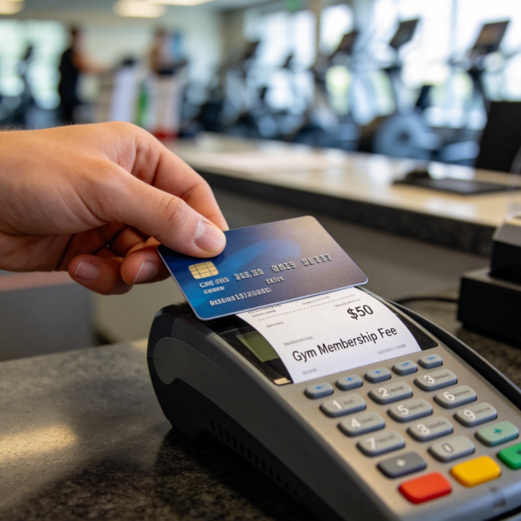 A close-up of a person's hand holding a credit card over a point-of-sale machine, with a receipt showing the amount '$50' and the description 'Gym Membership Fee'. The background is a blurred gym reception desk. Natural lighting, realistic style. No text on the machine or receipt besides the amount.