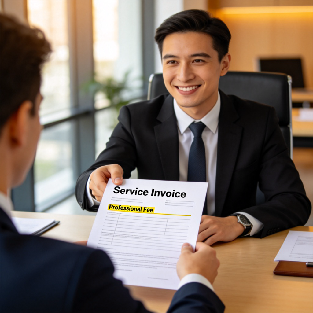 A well-dressed professional, like a lawyer or consultant, sitting at a modern desk, smiling and handing a document titled "Service Invoice" to a client across the desk. The document has a highlighted line item "Professional Fee". Warm office lighting, clean and professional setting. No readable text on the document beyond the titles.