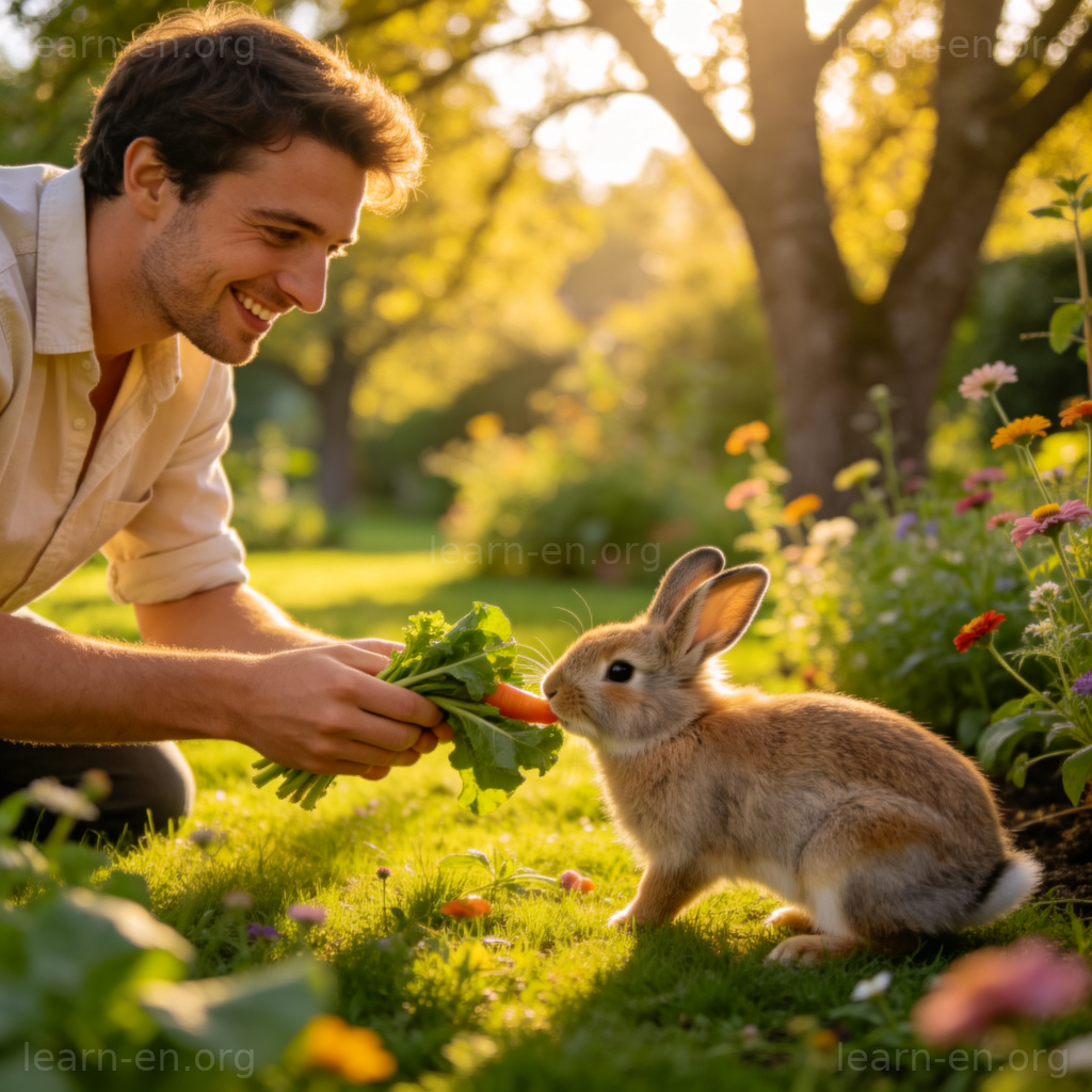 Feeding animals 喂动物场景图解：人物在花园中喂食兔子