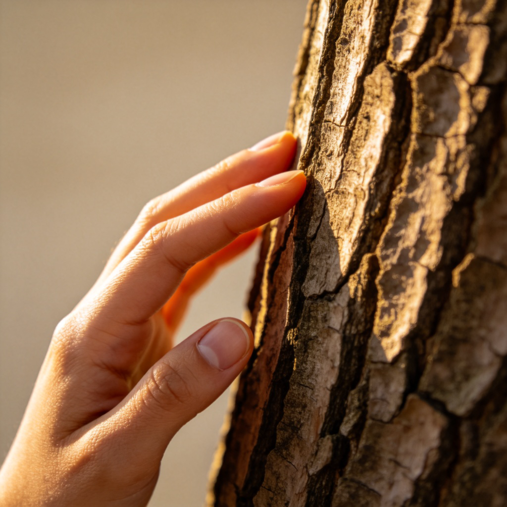 A close-up of a person's hand touching the rough bark of a tree trunk. The focus is on the fingertips making contact with the textured surface. Soft, natural daylight, plain background. No text.