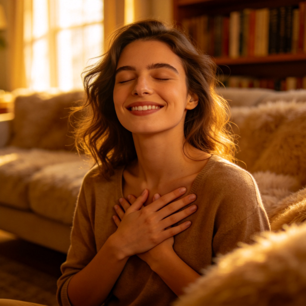 A smiling woman with her eyes closed, hands placed gently over her heart. She is in a comfortable, cozy room. The expression is one of genuine contentment and peace. Warm indoor lighting. No text.