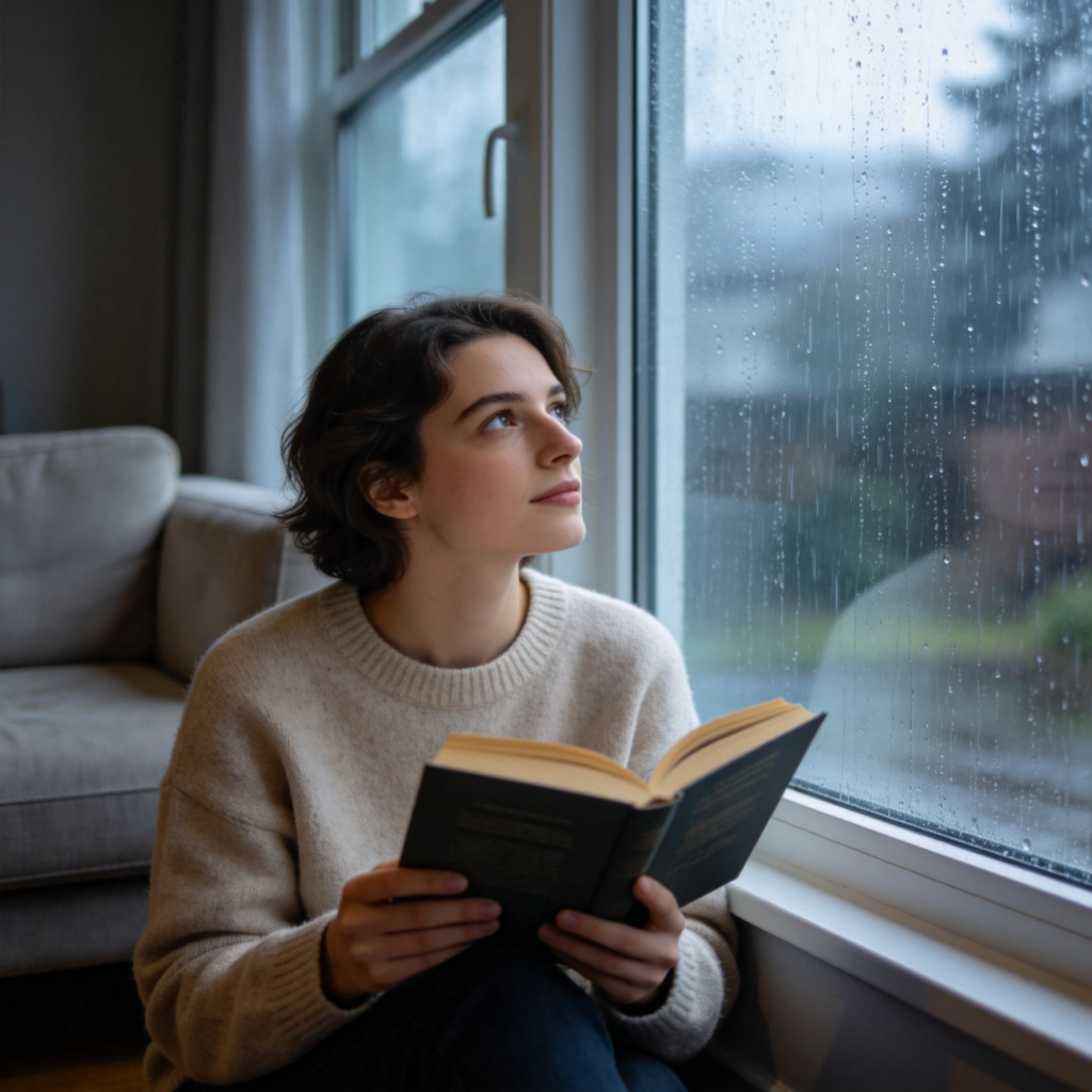 A person looking thoughtfully out of a window at rainy weather outside, holding a book. Their expression shows a clear preference for staying indoors. Cozy interior with a sofa in the background. Natural, muted lighting. No text.