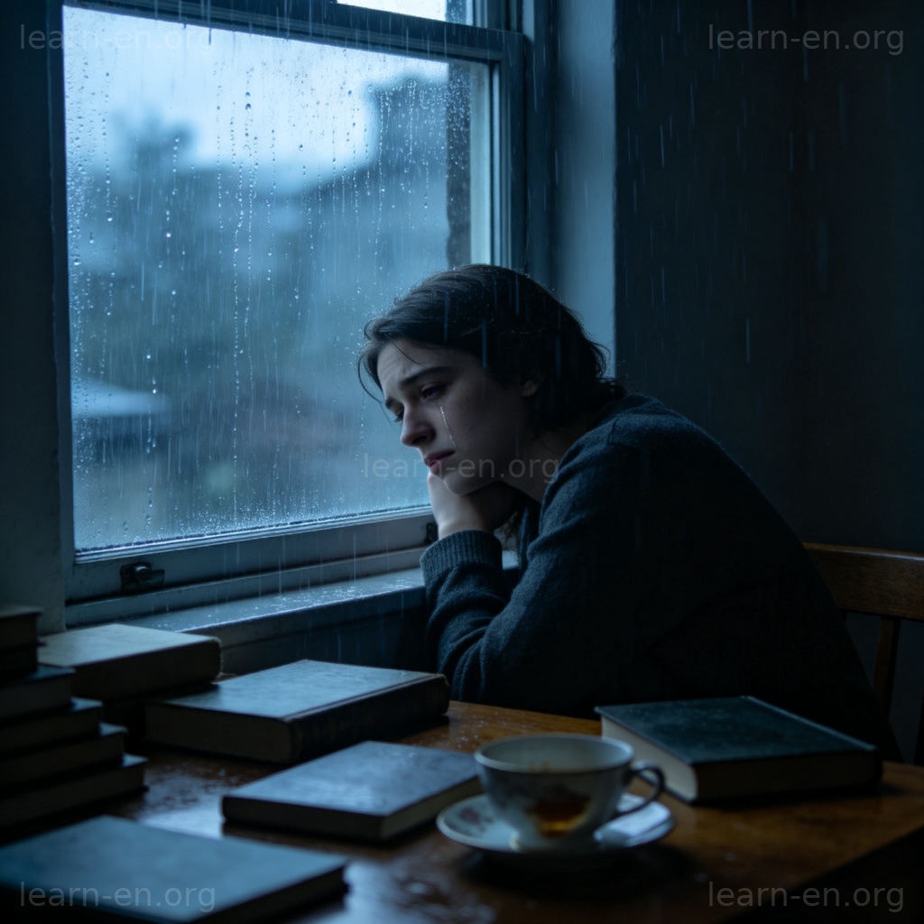 Person feeling blue looking out rainy window sad expression