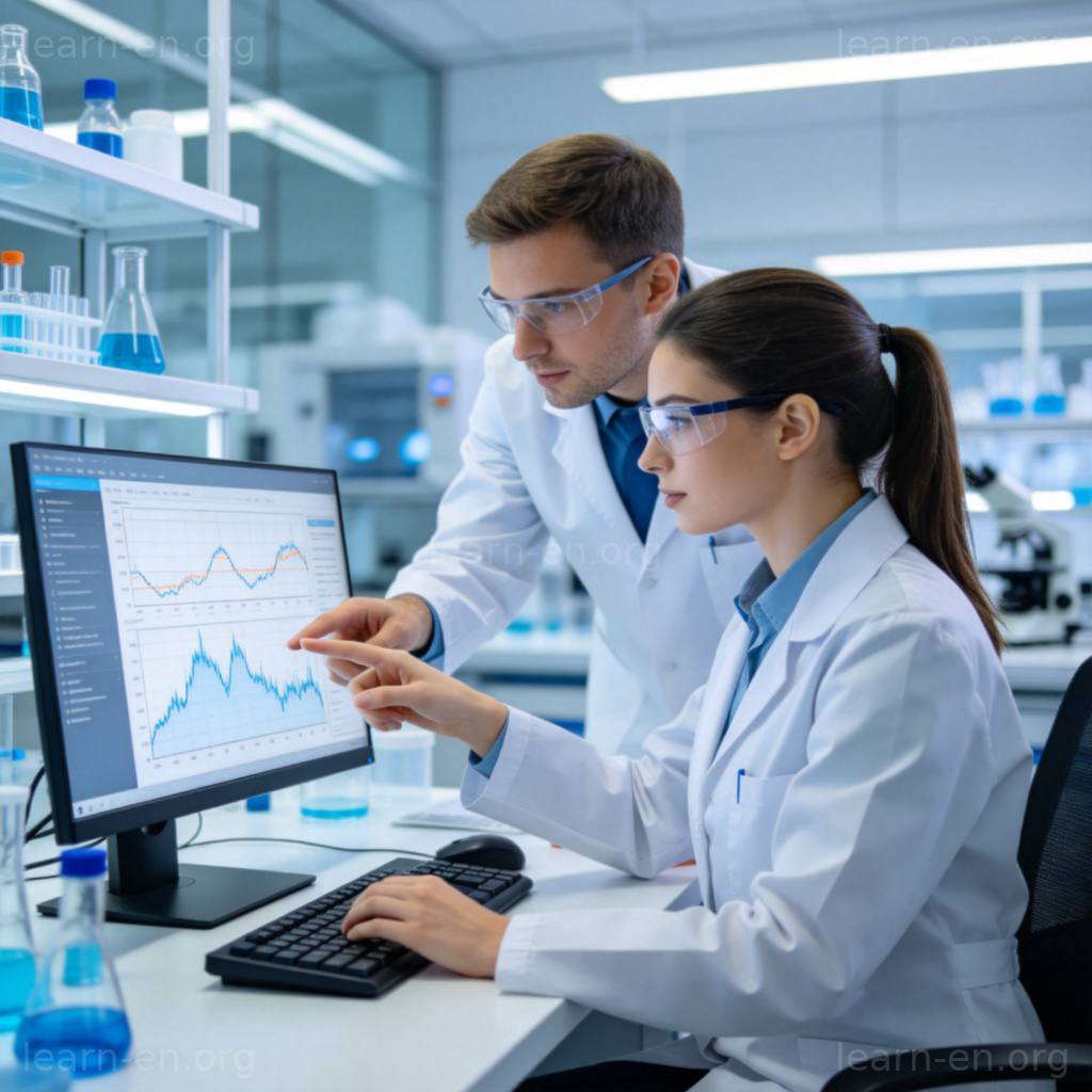 Two young scientists, a man and a woman, working together in a modern laboratory. They are looking at the same computer screen showing data graphs, pointing and discussing. They wear lab coats. The scene is collaborative and focused. Clean, bright lighting.