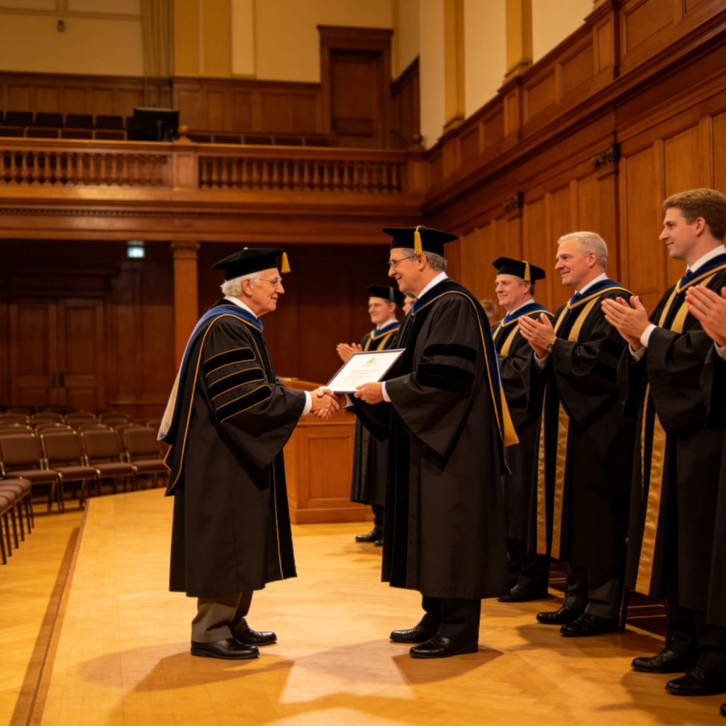 A formal ceremony in a wood-paneled hall. An older person in academic robes is shaking hands with a university official, receiving a certificate. Others in similar robes look on and applaud. The atmosphere is dignified and celebratory. Warm lighting.