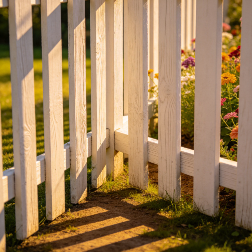 fence栅栏图解：阳光花园中的白色木栅栏特写