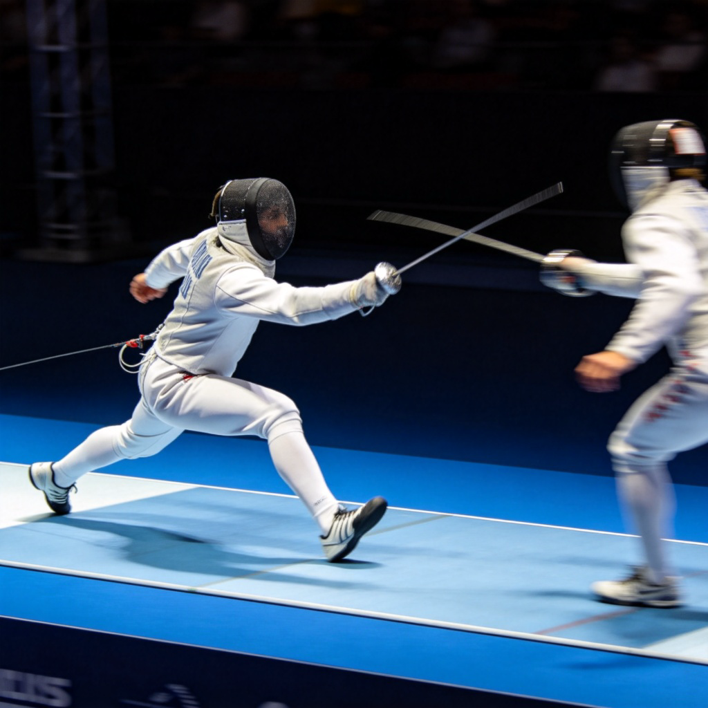 fence击剑图解：两名击剑运动员在剑道上激烈交锋