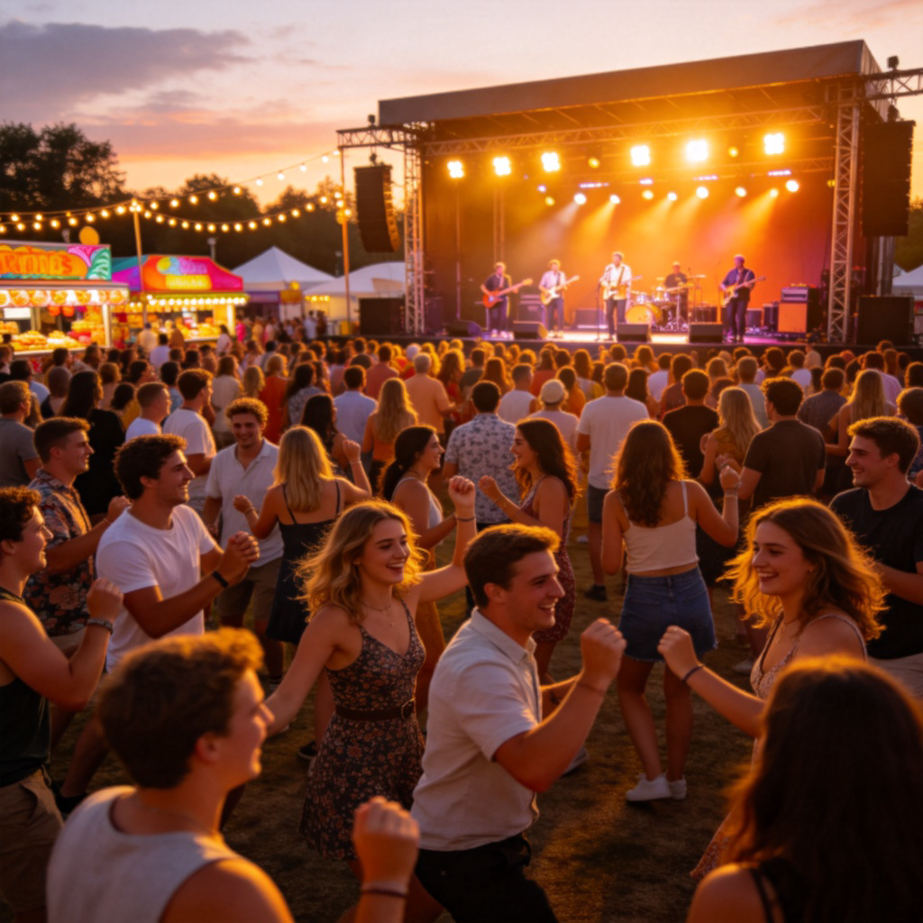 A vibrant outdoor summer festival scene at dusk. A large crowd of diverse people are smiling, some dancing in front of a brightly lit stage where a band is performing. Colorful food stalls and string lights are visible in the background. The atmosphere is joyful and energetic. No text.