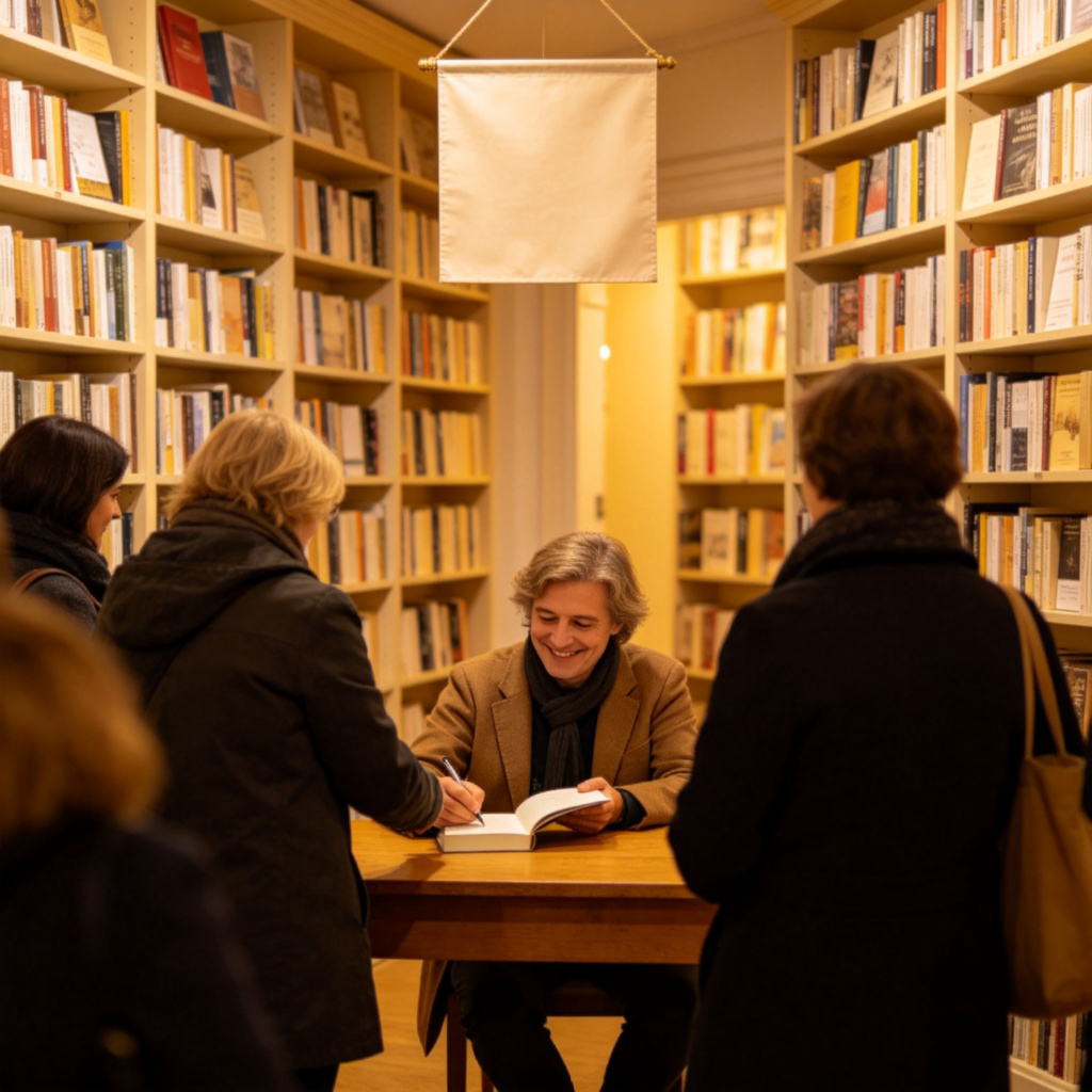 A cozy, well-lit interior of a bookstore. A smiling author is seated at a table, signing a book for a reader in line. Shelves of books form the background, and a small banner says 'Author Festival'. The focus is on the warm, cultural exchange. No text on the banner.