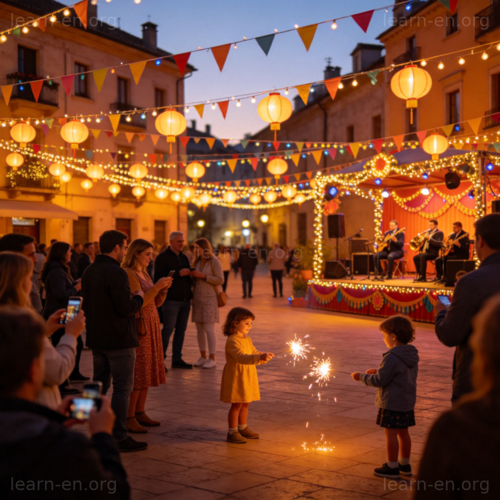 Festive Atmosphere图解：黄昏时分灯火璀璨、人群欢笑的城镇广场节日场景