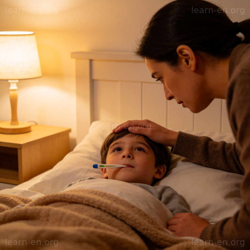 Fever 发烧含义图解：孩子卧床测体温，家长关切摸额头