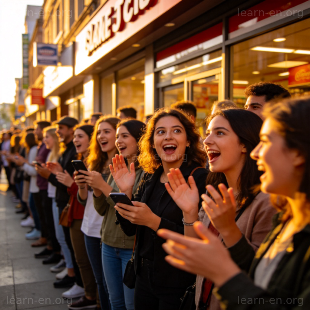 Fever 狂热含义图解：人群兴奋排队，眼神发亮热烈交谈