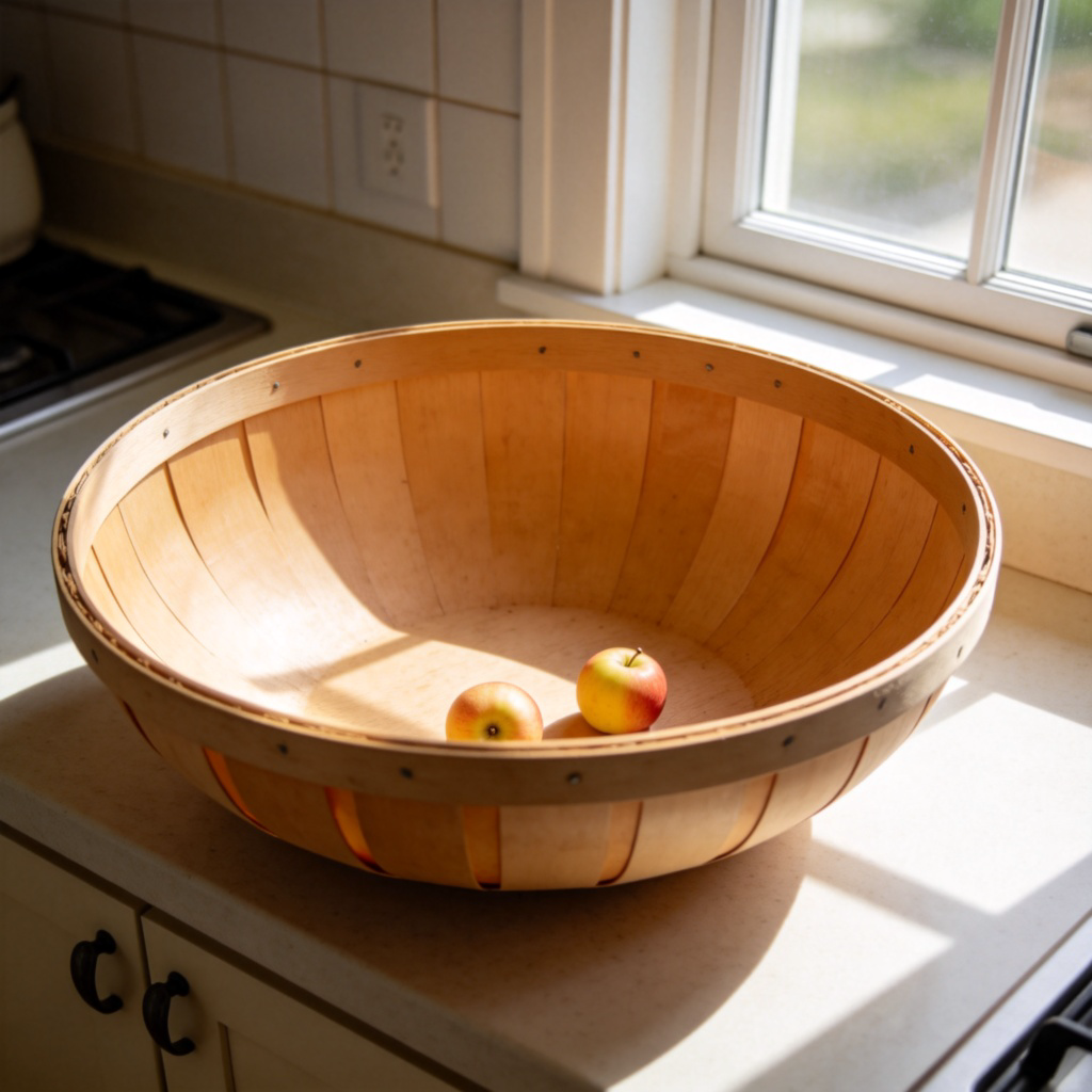 A nearly empty wooden fruit basket sits on a kitchen counter. Inside, there are only two or three small, lonely apples rolling at the bottom. The basket is large, making the few fruits look even more scarce. Clean, bright kitchen background with soft natural light from a window. No text or people.