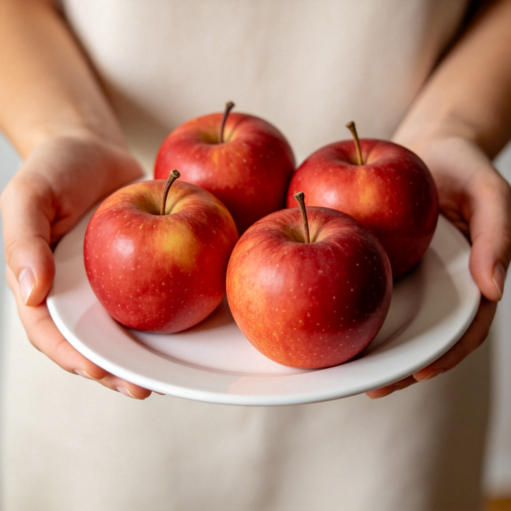 A close-up of a person's hands holding a simple white plate. On the plate are four or five fresh, red apples neatly arranged. The focus is on the apples, showing they are a small but sufficient number. Plain, light-colored background. Warm, inviting lighting. No text.