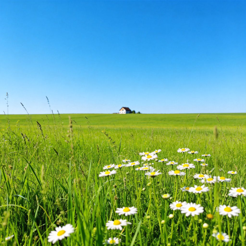 A wide, green field under a bright blue sky, with some low wildflowers like daisies in the foreground. In the distance, a small farmhouse can be seen. The grass is lush and the scene is peaceful and rural. Natural daylight, clear focus. No text or people in the immediate foreground.