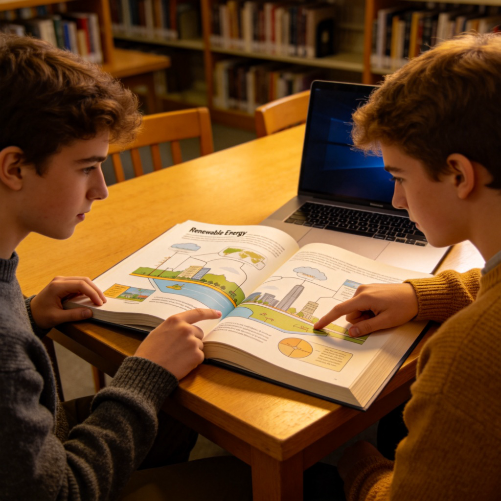 Two young students are sitting at a library table, looking at a large open textbook and a laptop. The textbook page shows a diagram about 'Renewable Energy'. The students are pointing at different parts of the diagram and discussing. Soft indoor lighting, focused on the book and their interaction. No text on the image.