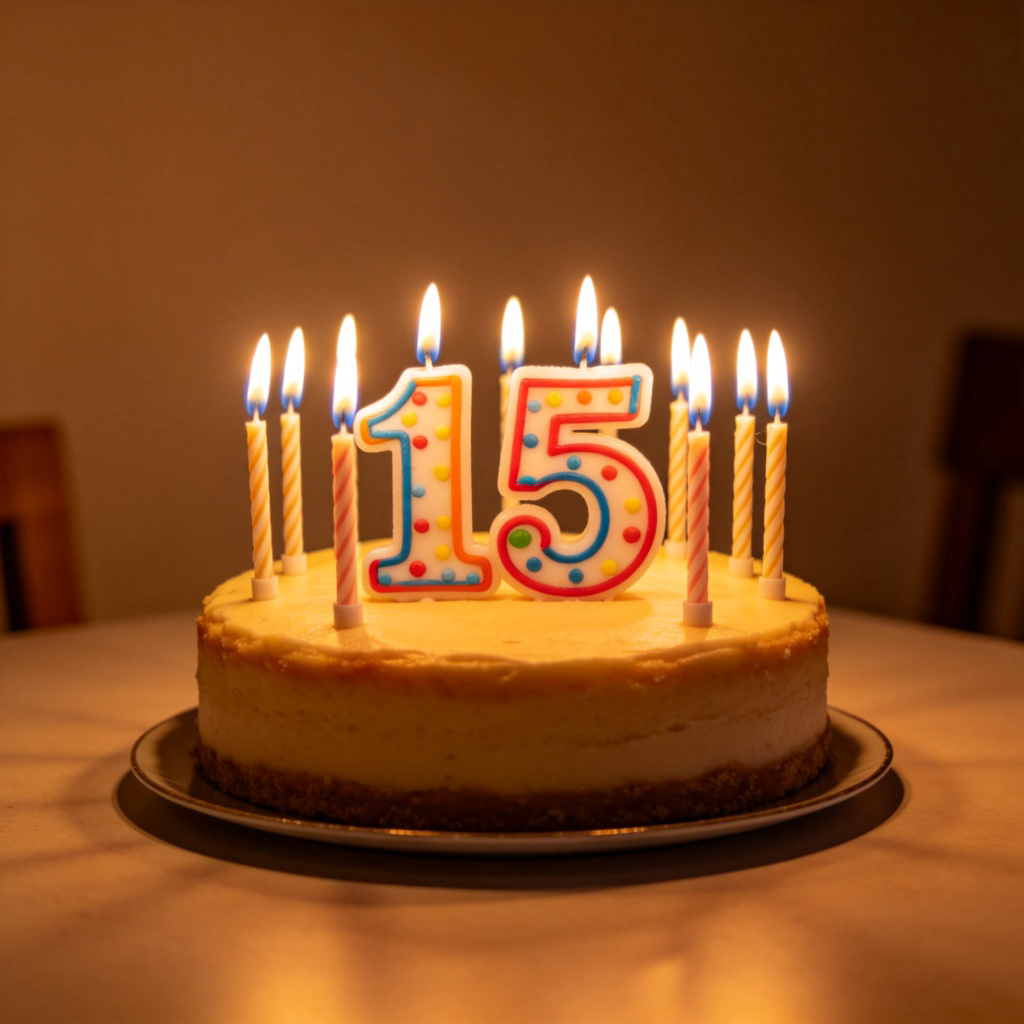 A clear, close-up photograph of a birthday cake with the number '15' prominently written in colorful icing on top. Fifteen lit candles are neatly arranged around the number. The cake sits on a simple table against a plain, soft-focus background, emphasizing the number and candles. Natural, warm lighting. No text or logos.