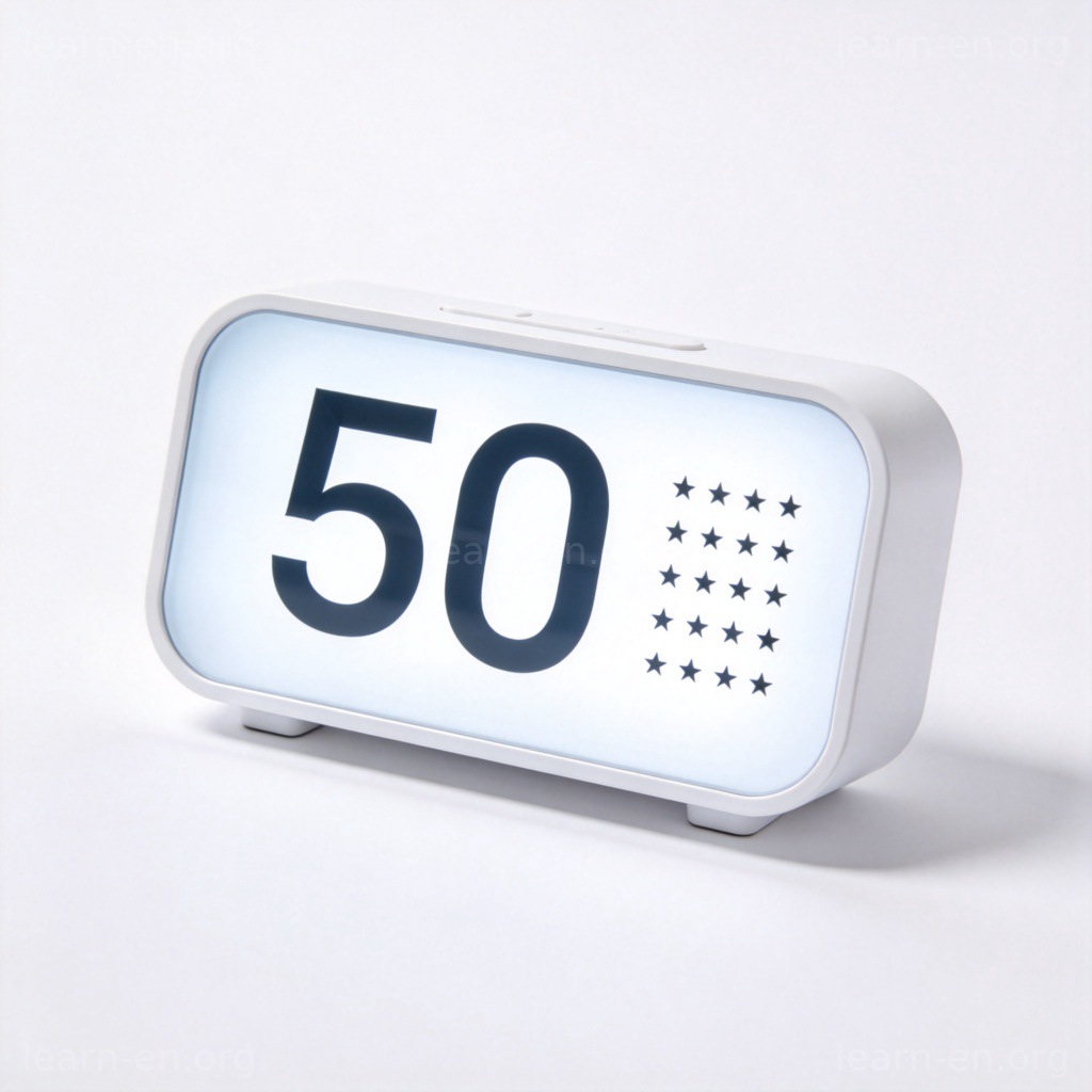 A digital alarm clock or a clear, large number "50" displayed on a white screen, with a simple background of exactly 50 small dots or stars neatly arranged nearby to visually reinforce the quantity. Bright, even lighting, no other distracting elements or text.