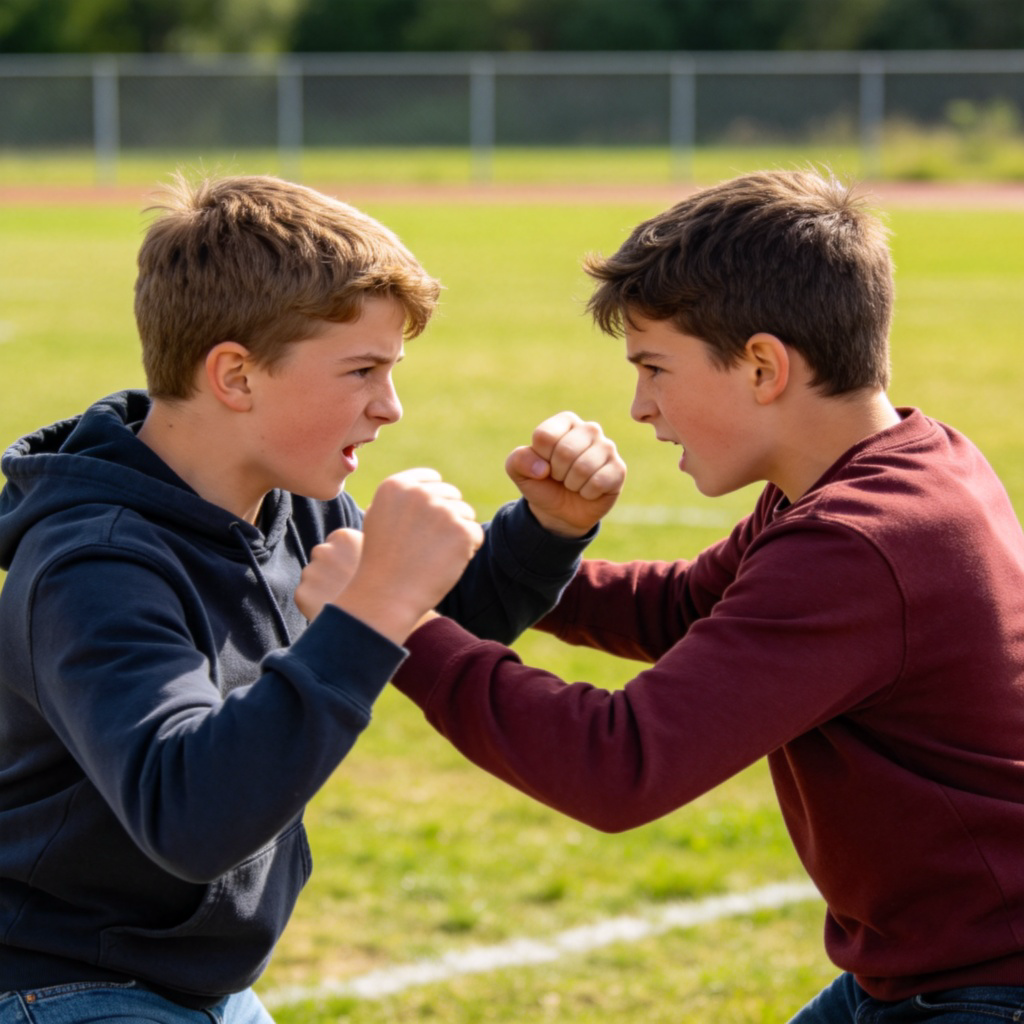 Two young boys in casual clothes pushing and shoving each other on a school playground, showing clear physical confrontation. One boy has his fists raised defensively. The background is a simple grassy field with a fence. Bright daylight, realistic style, focus on the action.