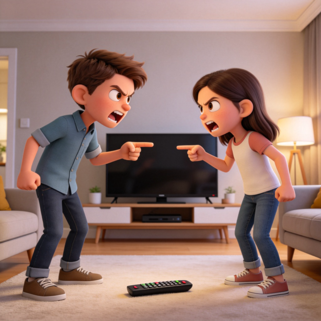 A brother and sister standing in a modern living room, facing each other with angry expressions and pointing fingers. The TV remote lies on the floor between them. No physical contact, emphasis on facial expressions and gestures. Neutral background, realistic cartoon style.