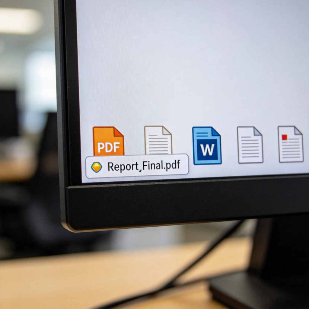 A close-up view of a computer screen showing a desktop with several recognizable document icons like a PDF file and a Word document. One file icon is selected and its filename is clearly visible, such as 'Report_Final.pdf'. The background is a simple blurred office setting. No text overlays.