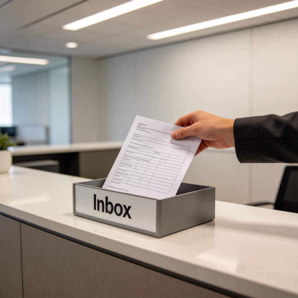 A person's hand is placing a completed paper form into the "Inbox" tray on a reception desk. The focus is on the action of submitting the document. The background is a clean, modern office reception area. No identifiable faces or logos.