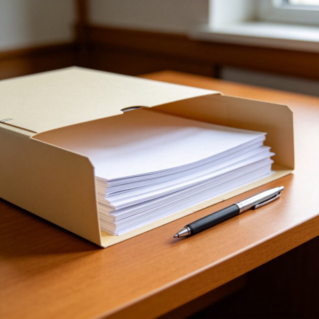 An open manila folder lying flat on a wooden desk. Inside the folder are several sheets of white paper neatly stacked. A pen rests beside it. Soft natural light from a window illuminates the scene. No text or logos.