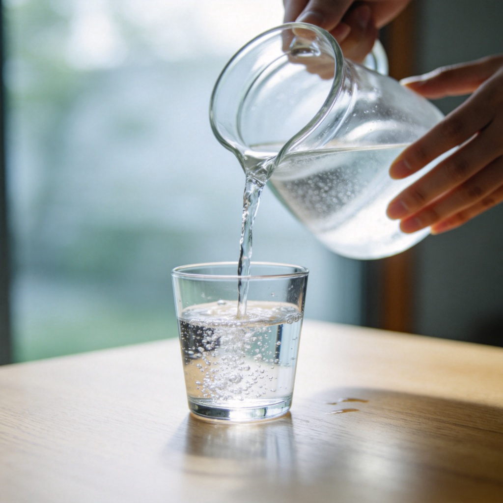 A person's hands holding a clear glass pitcher and pouring clean, sparkling water into an empty glass on a wooden table. The glass is almost full. The focus is on the stream of water and the glass. Soft natural light, simple background. No text.