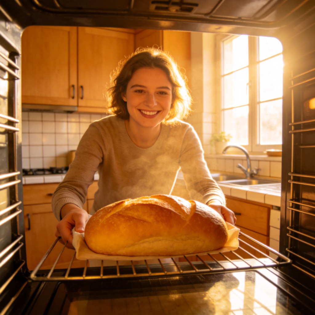 A bright, sunny kitchen. In the center, a smiling person is taking a golden-brown loaf of bread out of an oven. Warm light streams through a window, and the feeling of the delicious smell filling the whole room is strongly implied. Cozy and inviting atmosphere. No text.