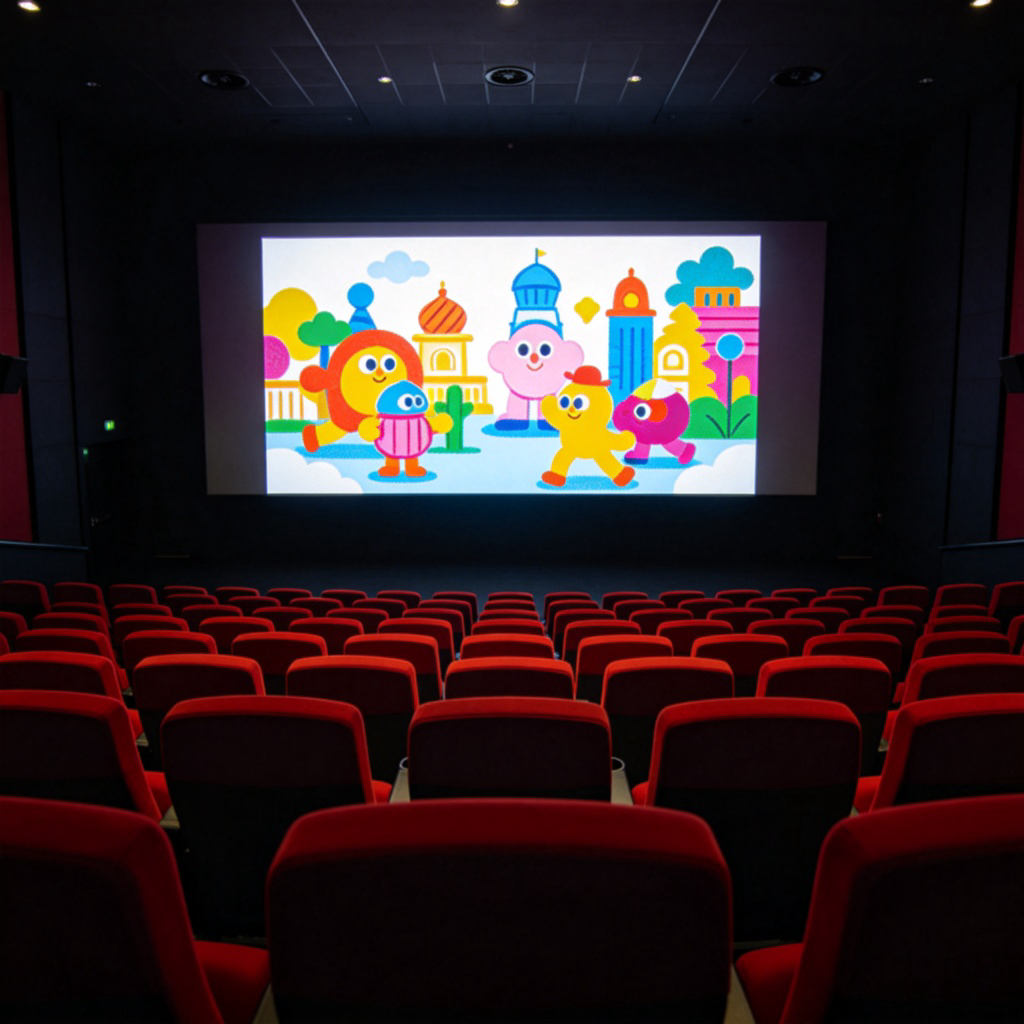 A darkened movie theater with rows of empty red seats, focused on a large, bright cinema screen showing a colorful scene from an animated film. The screen illuminates the front rows. No people in the shot, clean and clear.