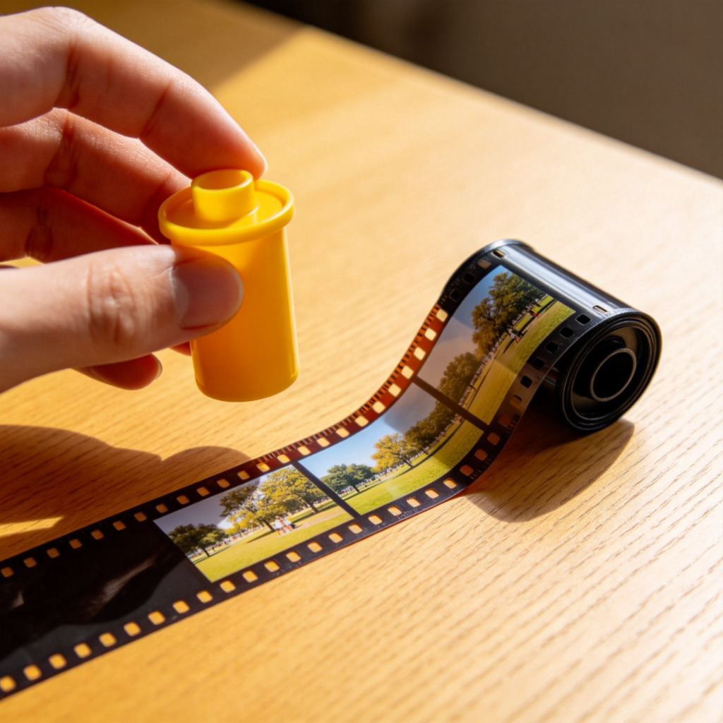 A close-up of a person's hand holding a small, yellow plastic film canister. Next to it, on a clean wooden table, lies an unrolled strip of developed photographic film with several visible small pictures of a sunny park. Sharp focus, natural light.