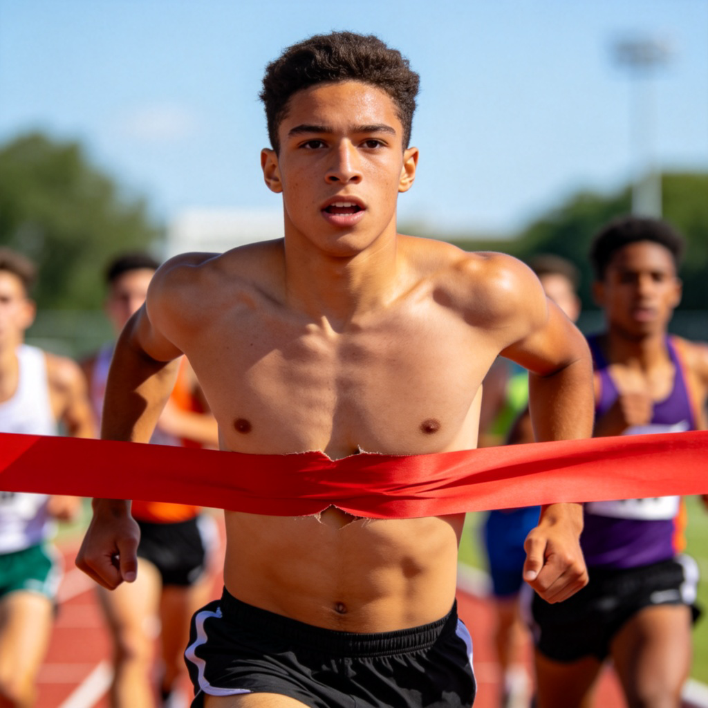 A close-up shot of a sprinter's chest breaking the red finish line tape during a race. The runner's face shows intense effort, with other blurred runners in the background. Bright daylight, dynamic motion captured. No text or logos visible.