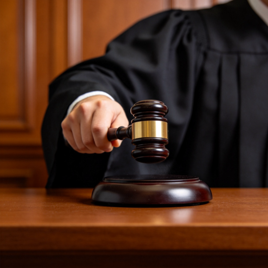 A judge in a courtroom, wearing a black robe, brings down a gavel decisively on the sound block. The focus is on the hand and the gavel, symbolizing a ruling being made. The background is a blurry, solemn wood-paneled wall. Professional, serious lighting. No text.